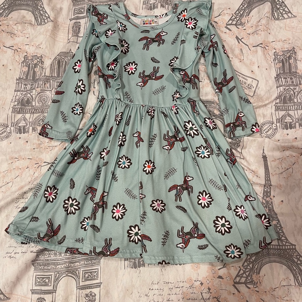 ⭐️ 6/$20. ⭐️ Dot Dot Smile Teal with Floral and Unicorn Print Dress